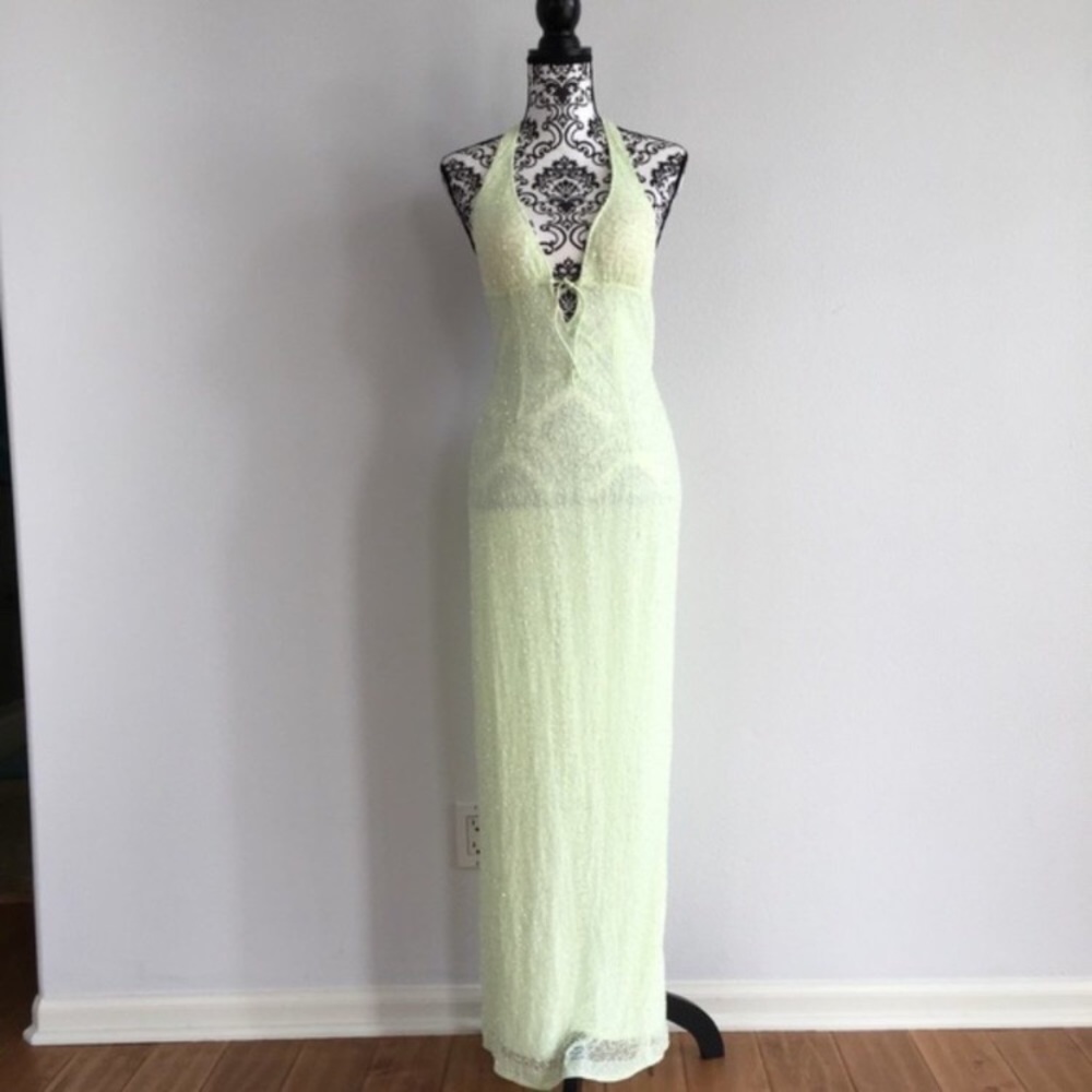 Morgan & Co Backless beaded formal gown